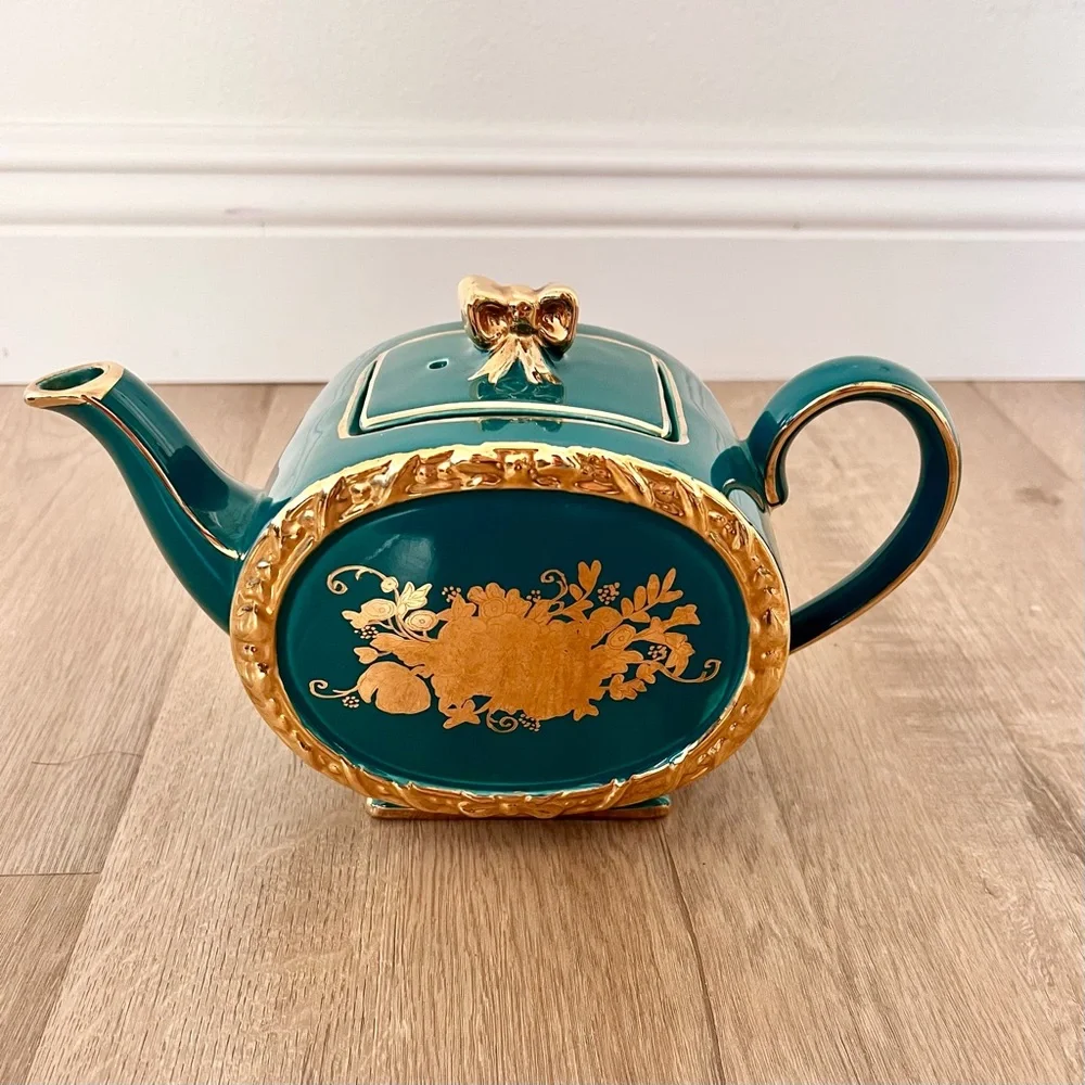 Rare 1930s Sadler England 1729 II Cube Teapot Green‎ With Gold Flower Vintage